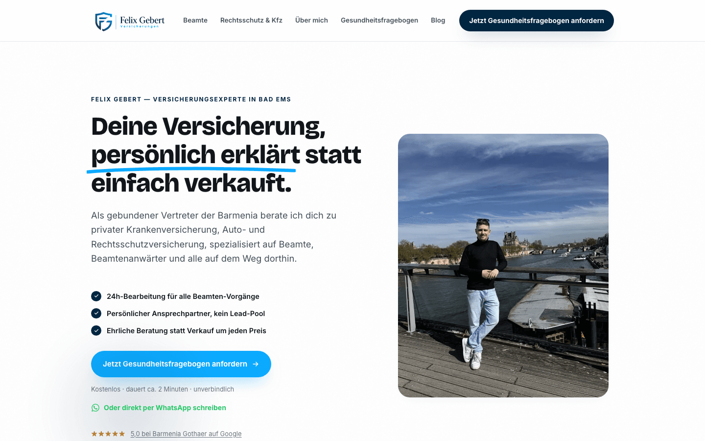 Felix Gebert Versicherungen – von Wohlstandsmarketing umgesetzte Unternehmenswebsite (Webdesign-Referenz)
