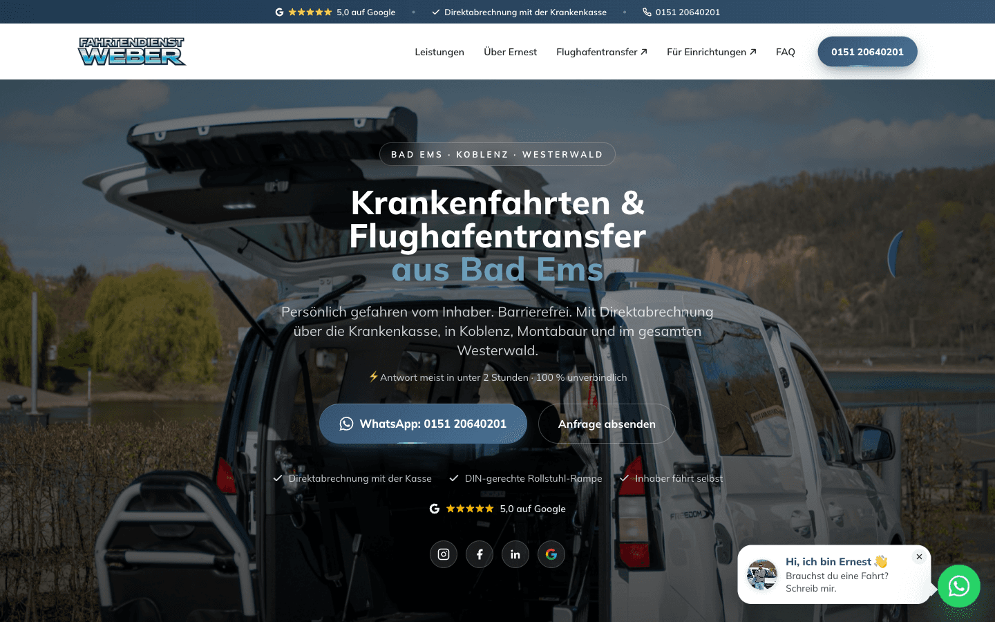 Hero-Bereich der Webseite Fahrtendienst Weber